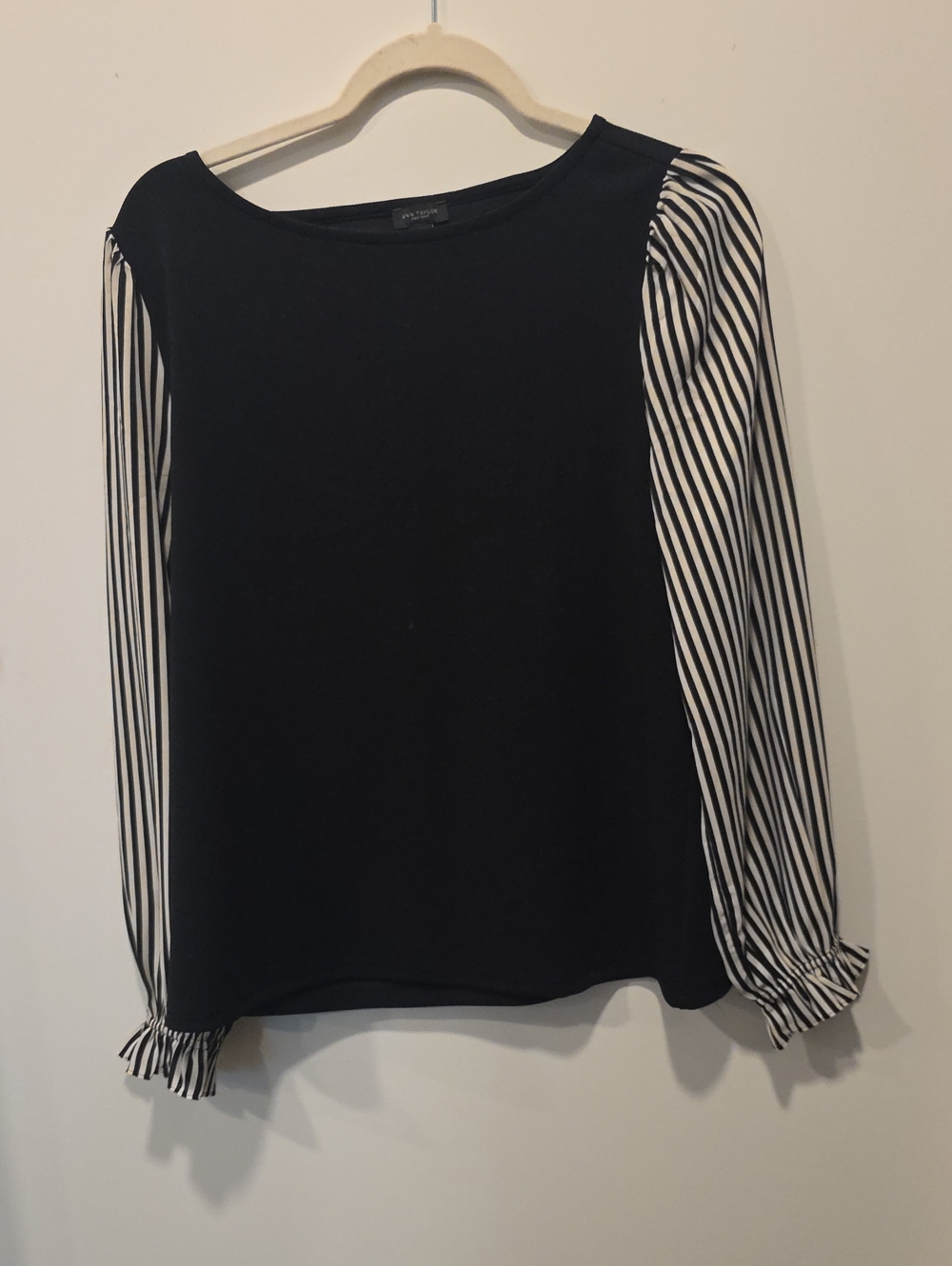 Ann Taylor Black Top with Black & White Striped Sleeves